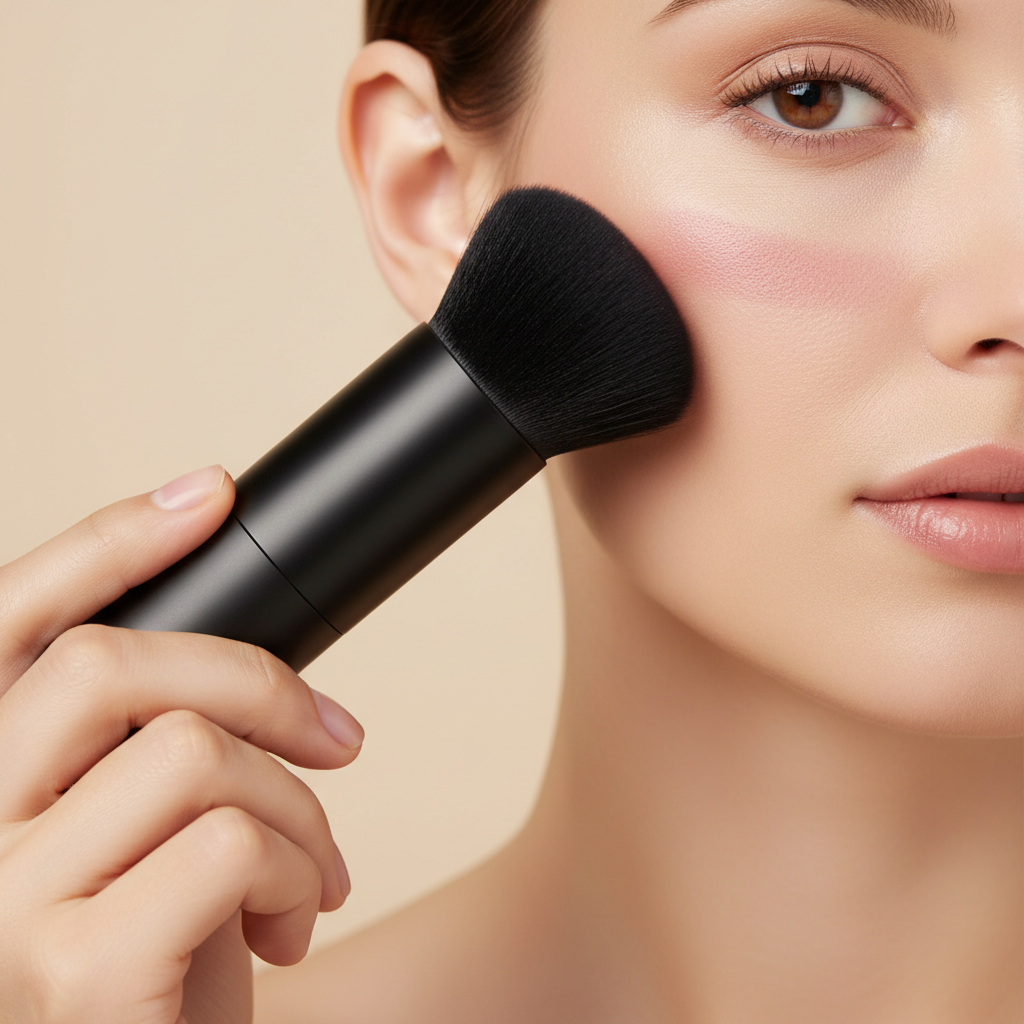 Woman applying blush with electric rotating makeup brush - lifestyle beauty shot